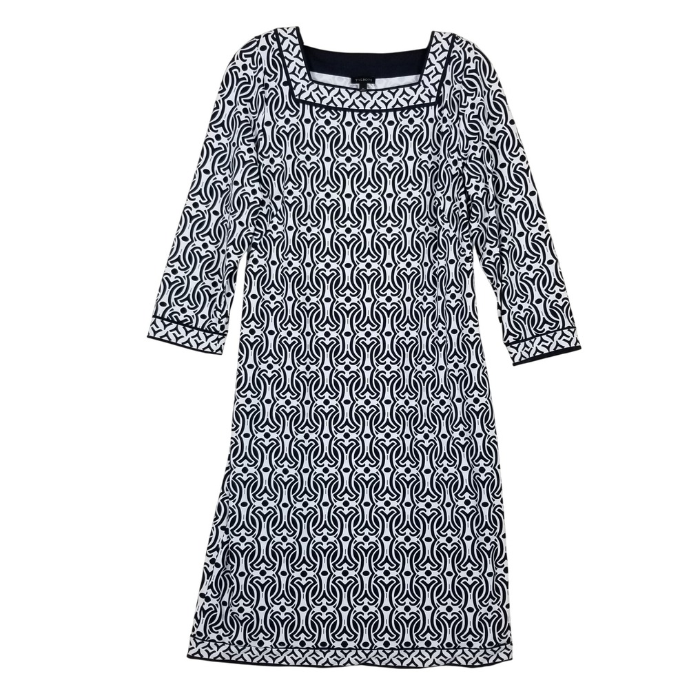 Talbots Sheath Dress Womens Medium Navy Blue Geometric Scroll 3/4 Sleeve Stretch